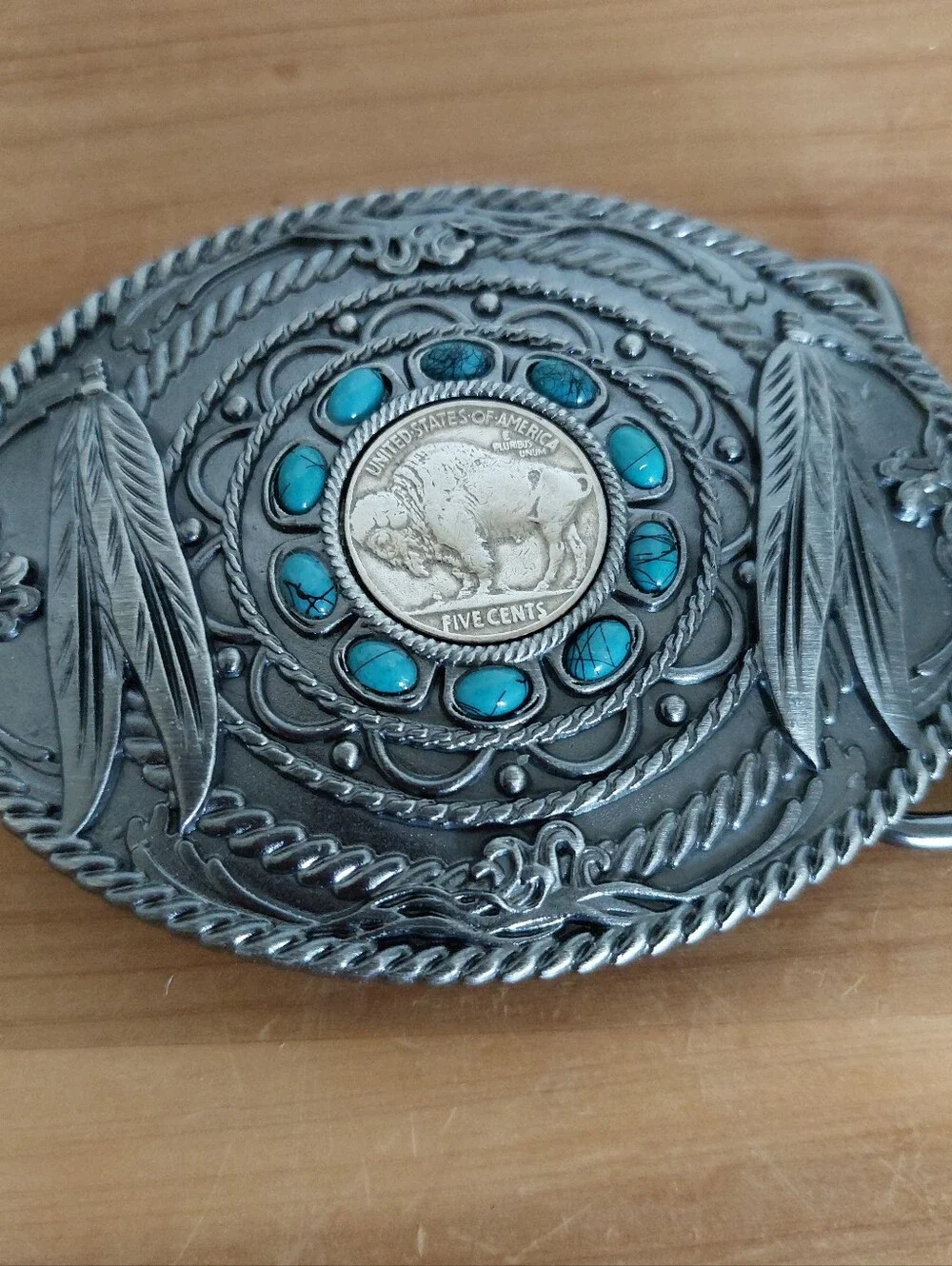 Southwestern Feather Buffalo Nickel Coin with Faux Turquoise Stone Belt Buckle
